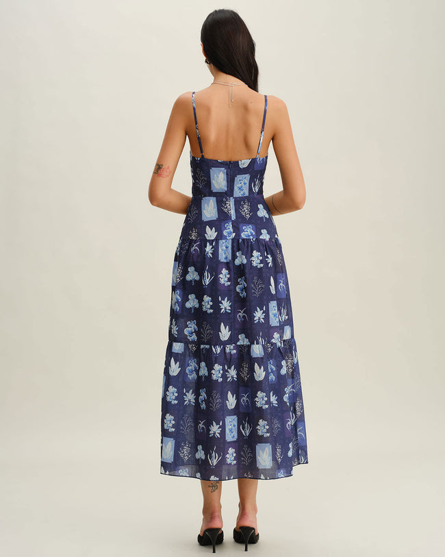Blue Floral Ruched Bohemian Slip Maxi Dress
