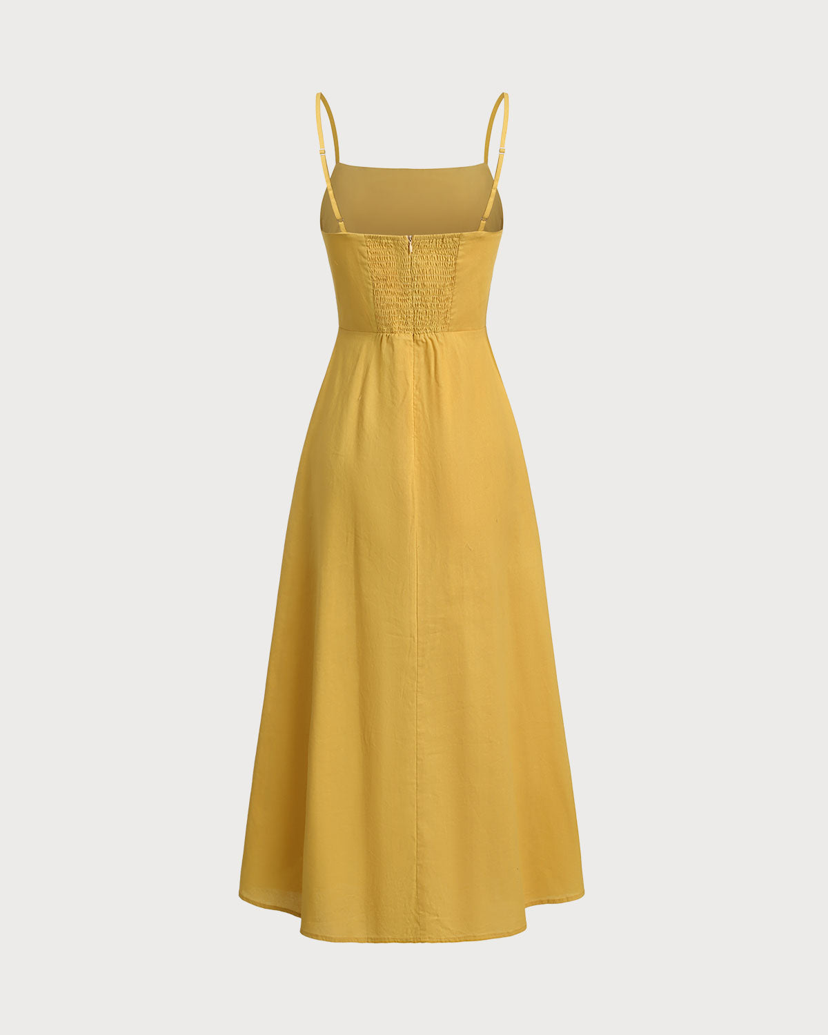 Yellow Square Neck Shirred Slip Midi Dress