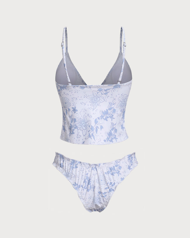 Blue Floral Tie Front Tankini Set