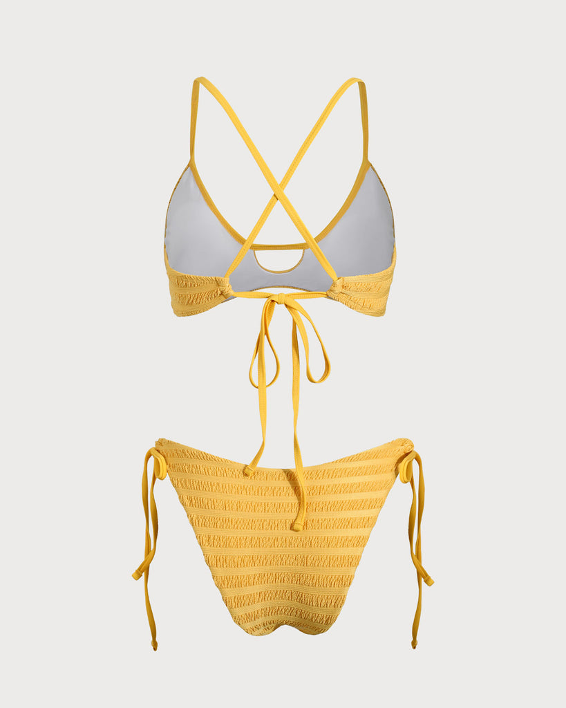 Yellow Textured Ruched Cutout Bikini Set