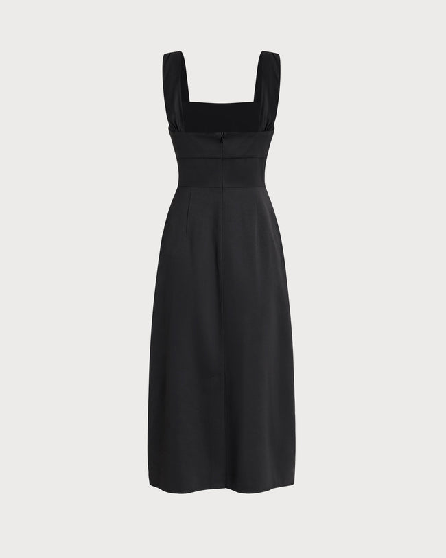 Black Ruffle Ruched Slip Midi Dress