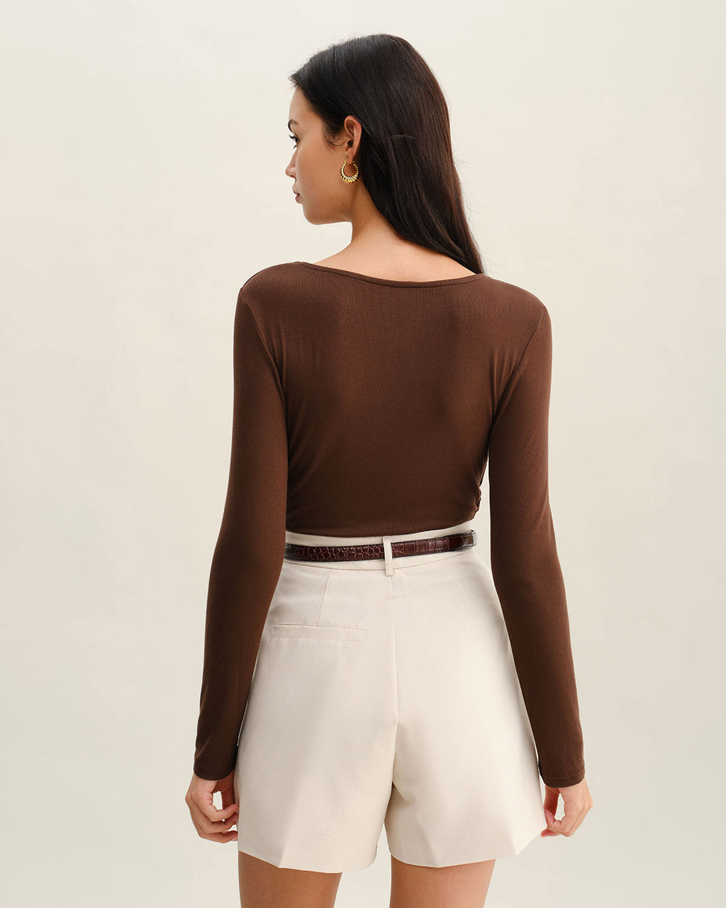 Brown Round Neck Slim Knit Tee