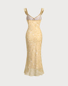 Yellow Floral Ruched Ruffle Midi Dress 