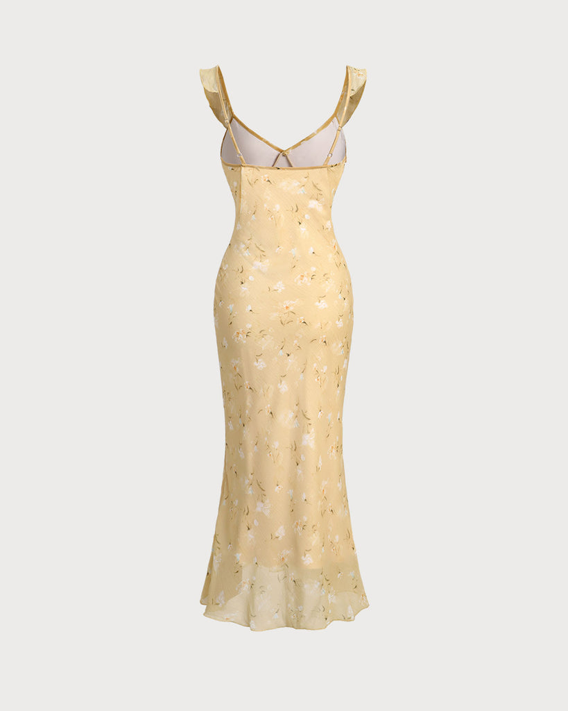 Yellow Floral Ruched Ruffle Midi Dress 