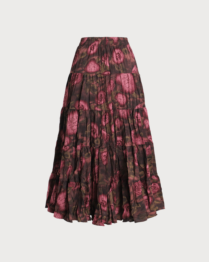 Pink Floral Elastic Waist Pleated Midi Skirt