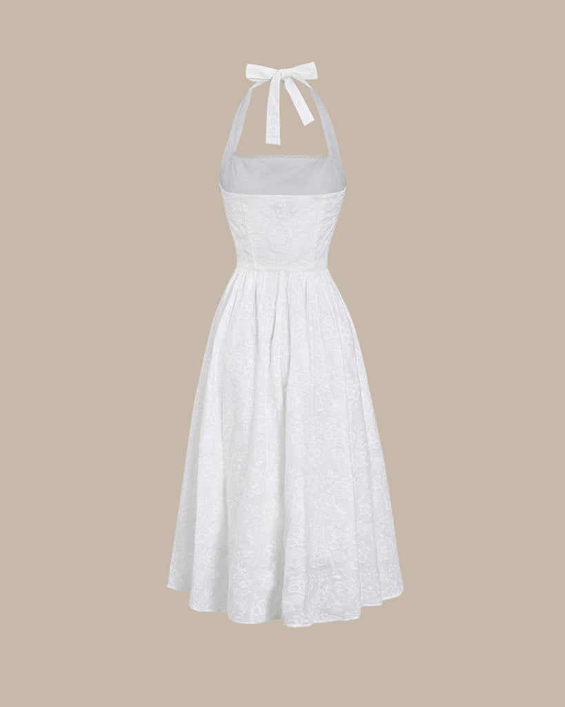 White Embroidery Halter Midi Dress
