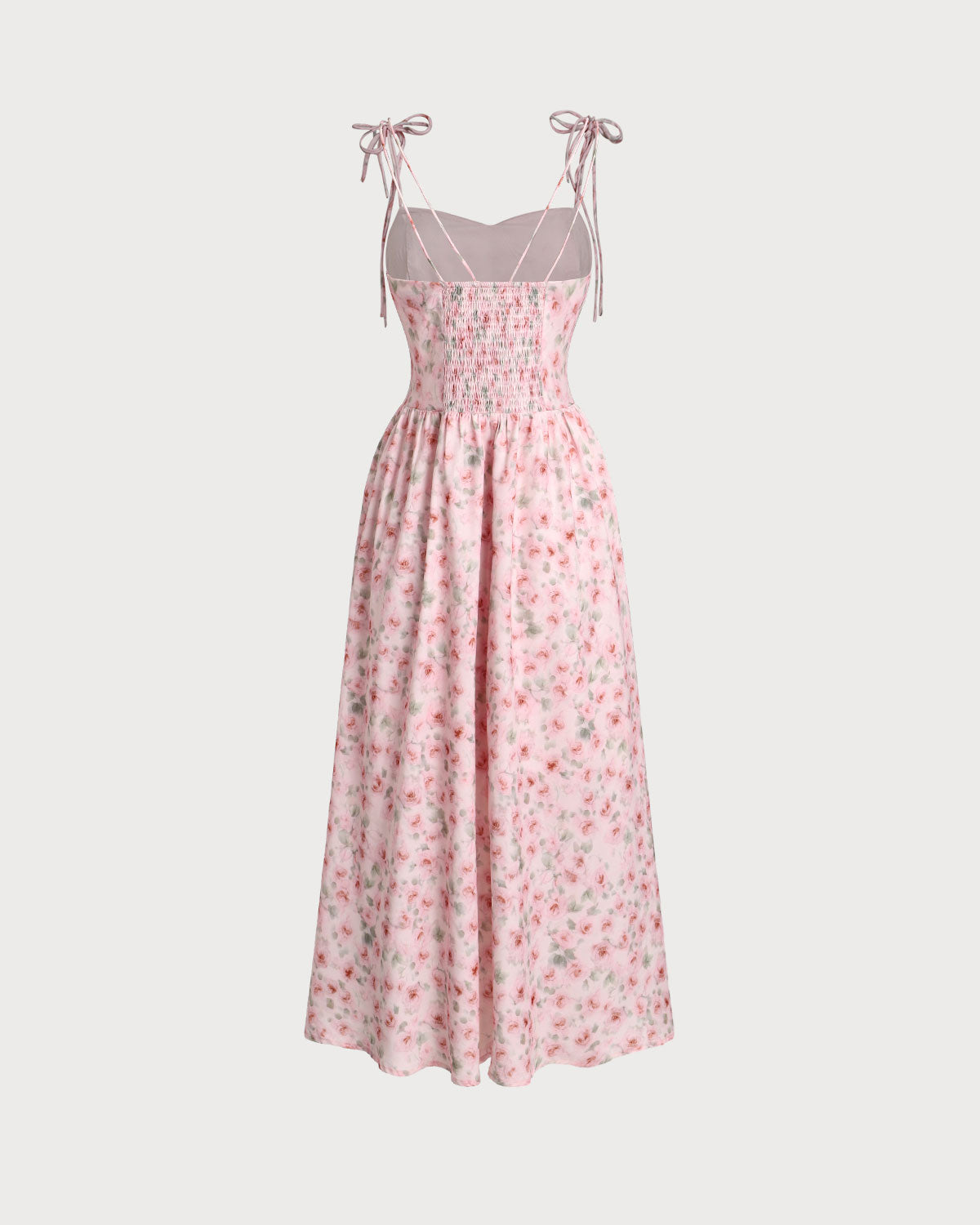 Pink Floral Shirred Slip Midi Dress