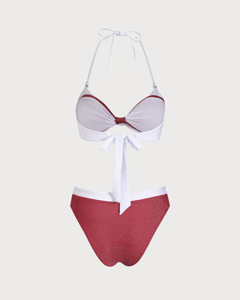 Red Knit Contrast Color Fake Two Piece Bikini Set