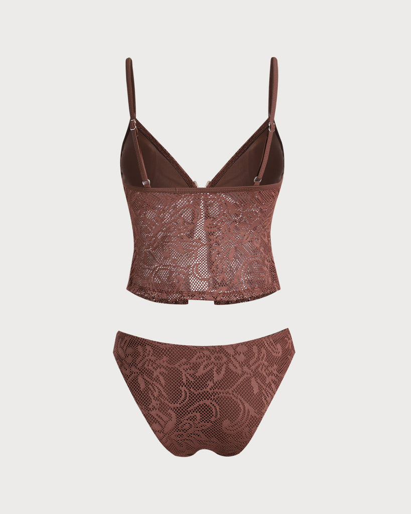 Brown Mesh Slit Tankini Swimsuit