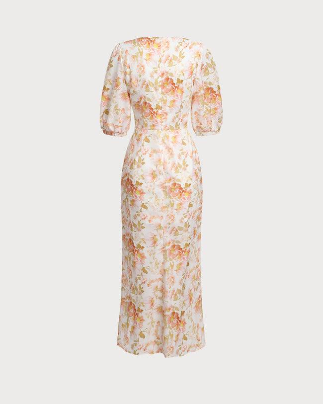 Orange Floral V-Neck Puffed Sleeve Maxi Dress