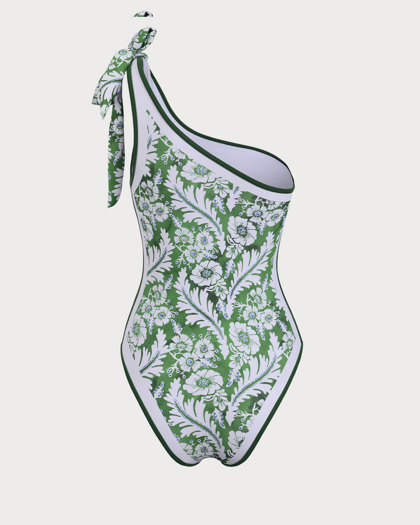 Green Contrast Flower Print One Piece Swimsuit