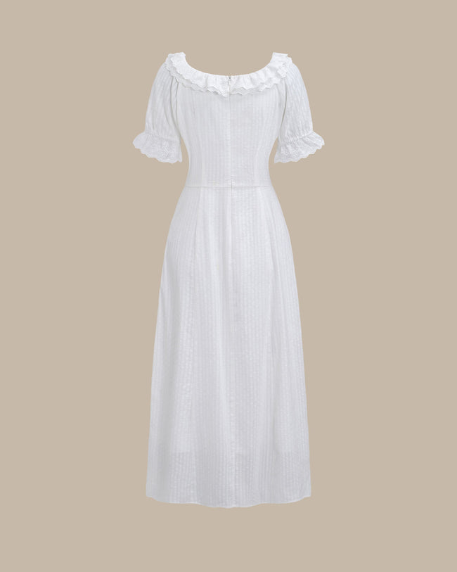 White Embroidery Puffed Sleeve Maxi Dress