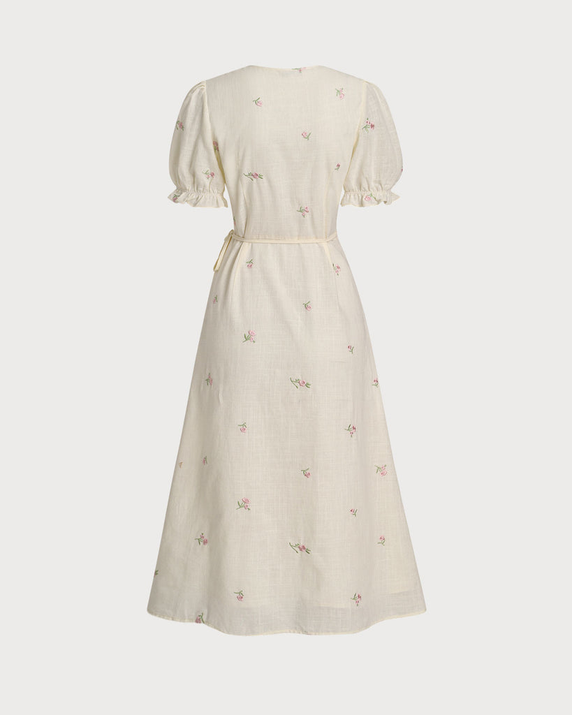 Beige Embroidery Puffed Sleeve Wrap Midi Dress