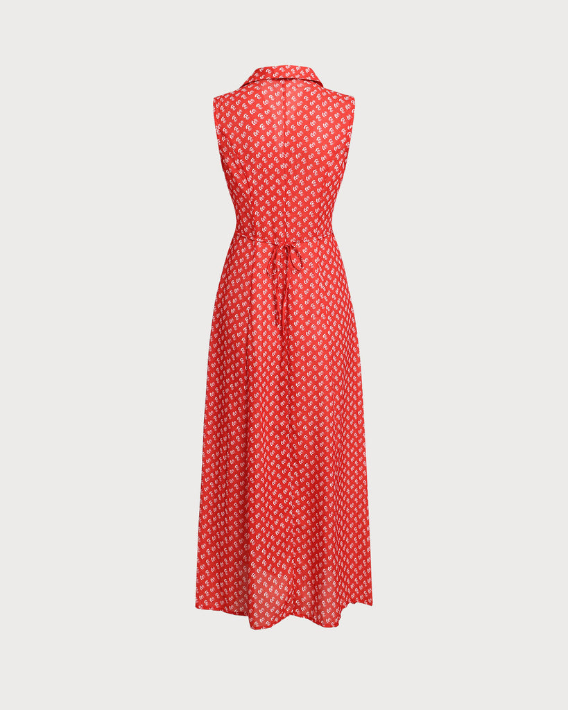 Red Floral Button Sleeveless Maxi Dress