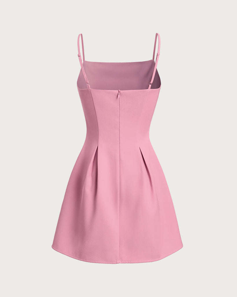 Pink Square Neck Slip Pleated Mini Dress