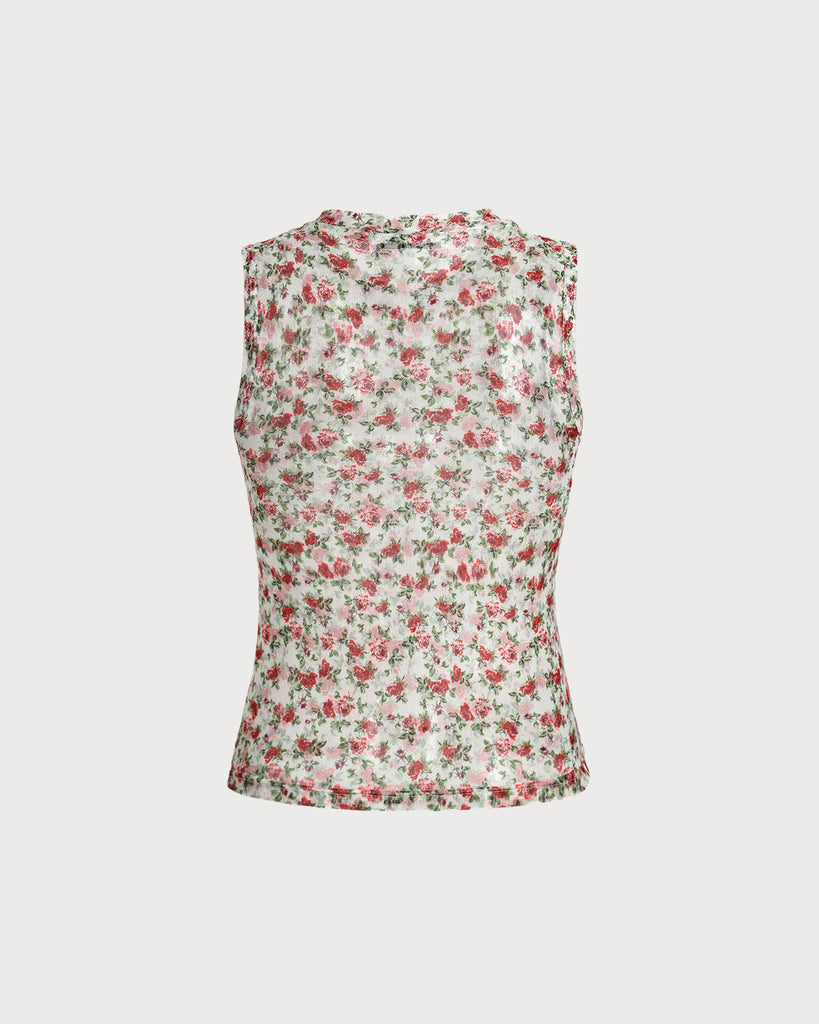 Red Floral Round Neck Tank Top