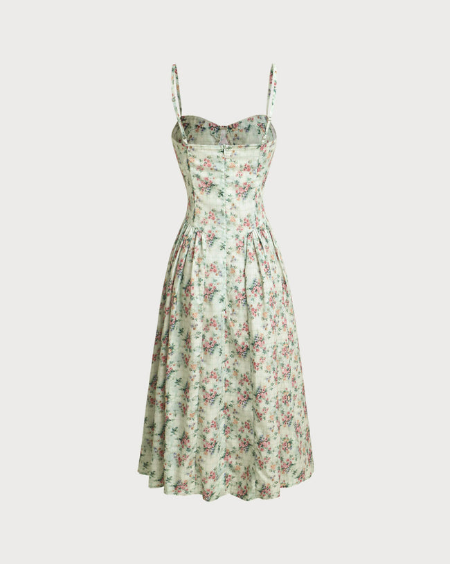 Green Floral Sweetheart Neck Pleated Slip Midi Dress