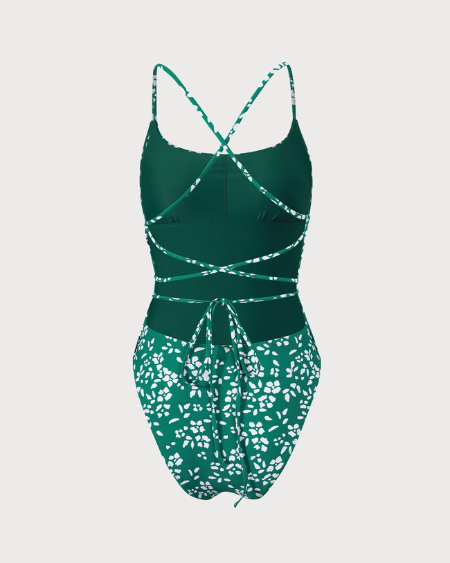 Women's Knitted Floral One-Piece Swimsuit & Reviews - Green
