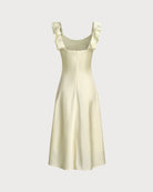 Yellow Square Neck Ruffle Satin Midi Dress