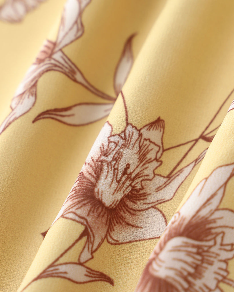 Yellow Floral Shirred Halter Maxi Dress