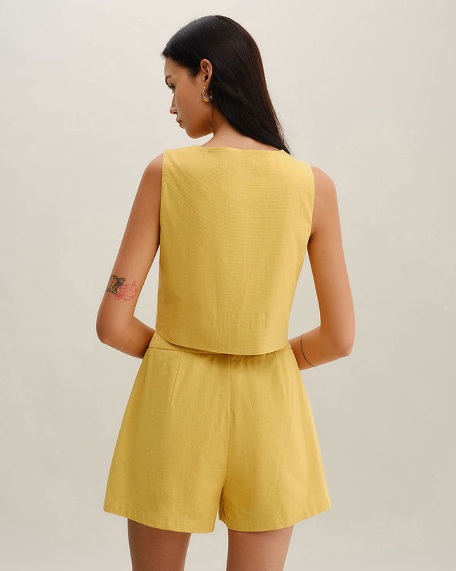 Yellow Ruched Button Shorts