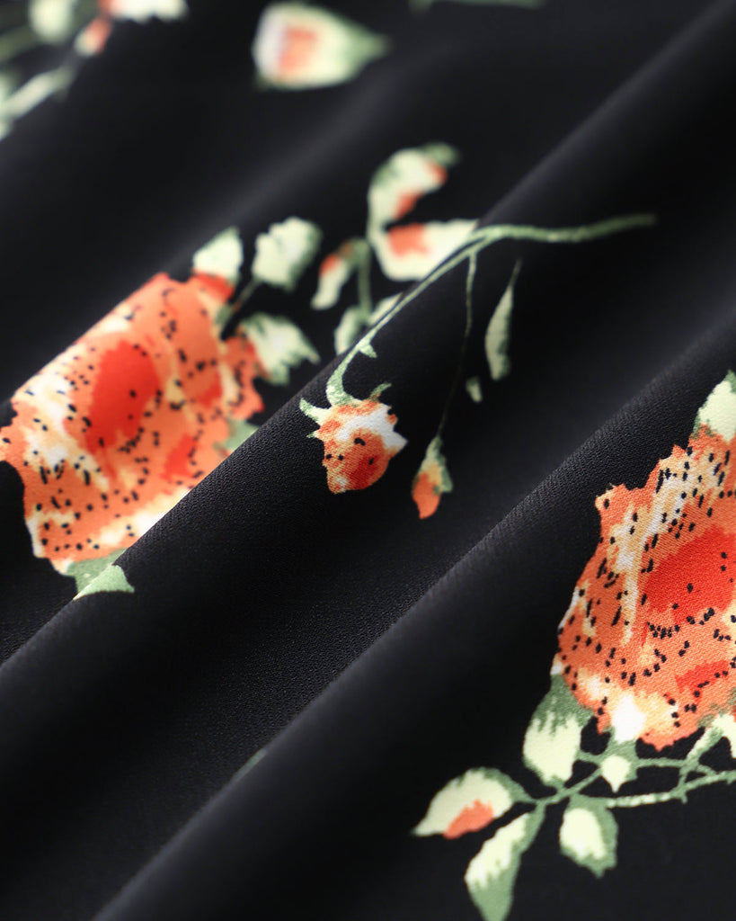 Black Floral Button A-Line Midi Dress