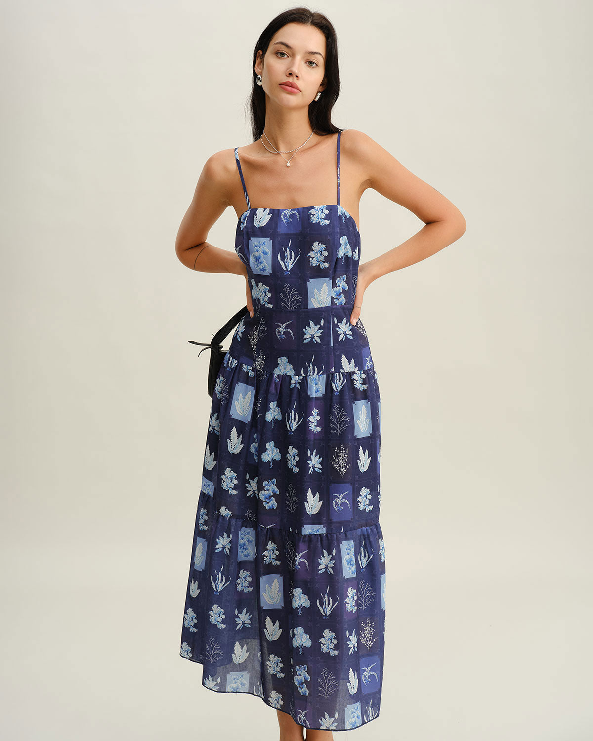 Blue Floral Ruched Bohemian Slip Maxi Dress
