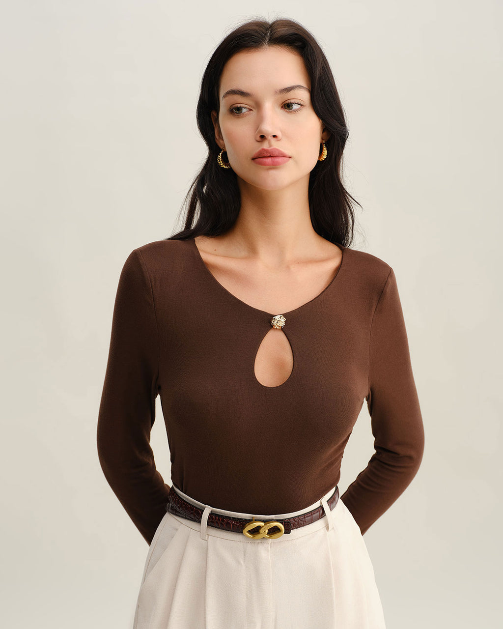 Brown Round Neck Slim Knit Tee