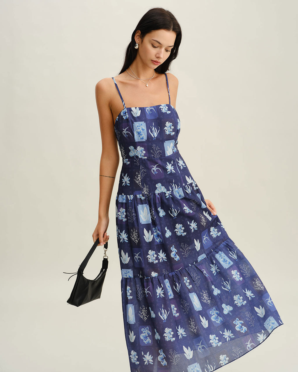 Blue Floral Ruched Bohemian Slip Maxi Dress