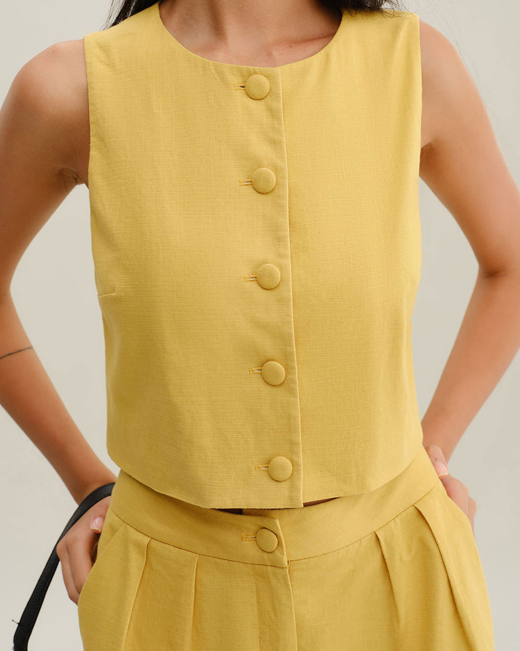 Yellow Round Neck Button Vest