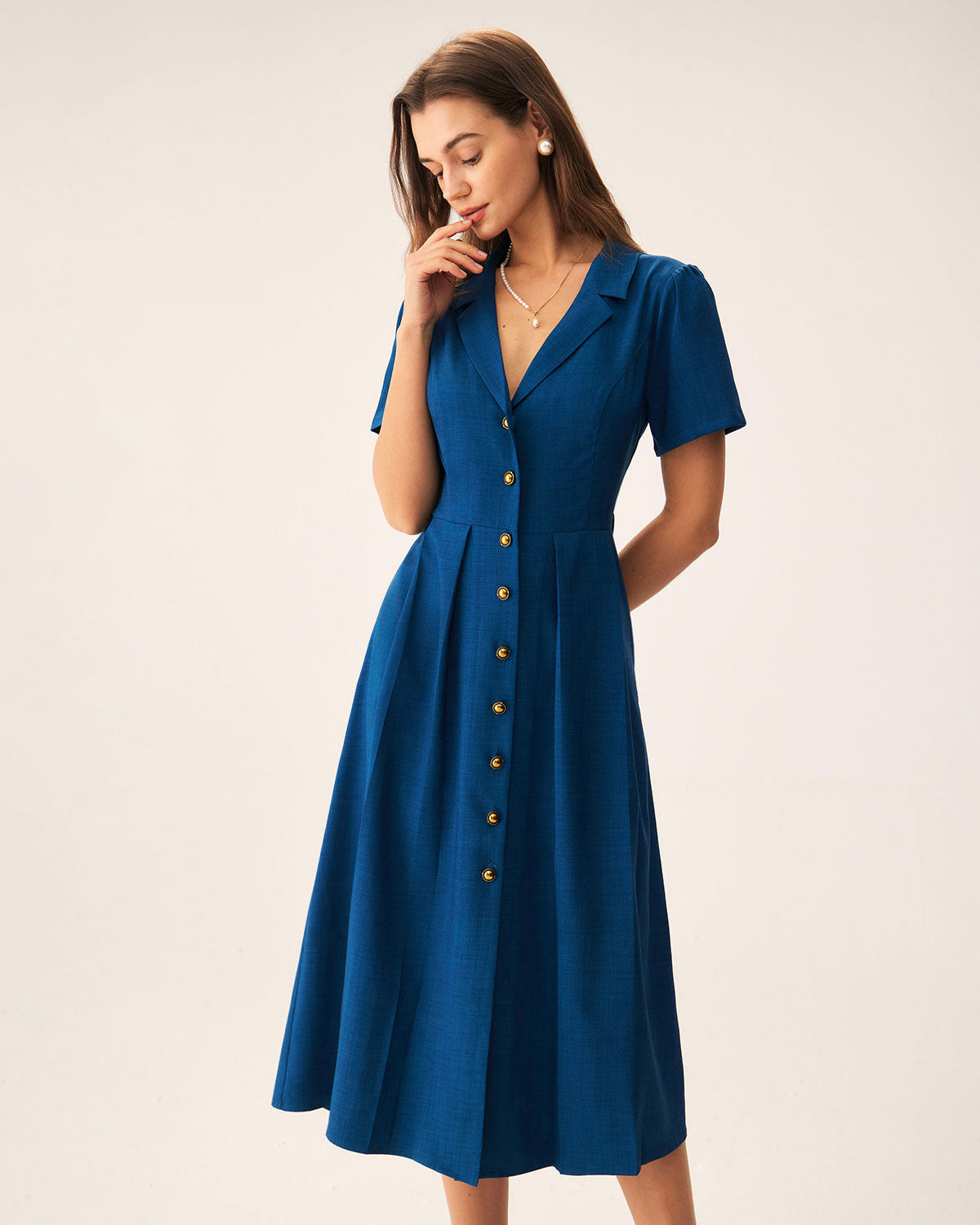 V Neck Pleated Button Midi Dress