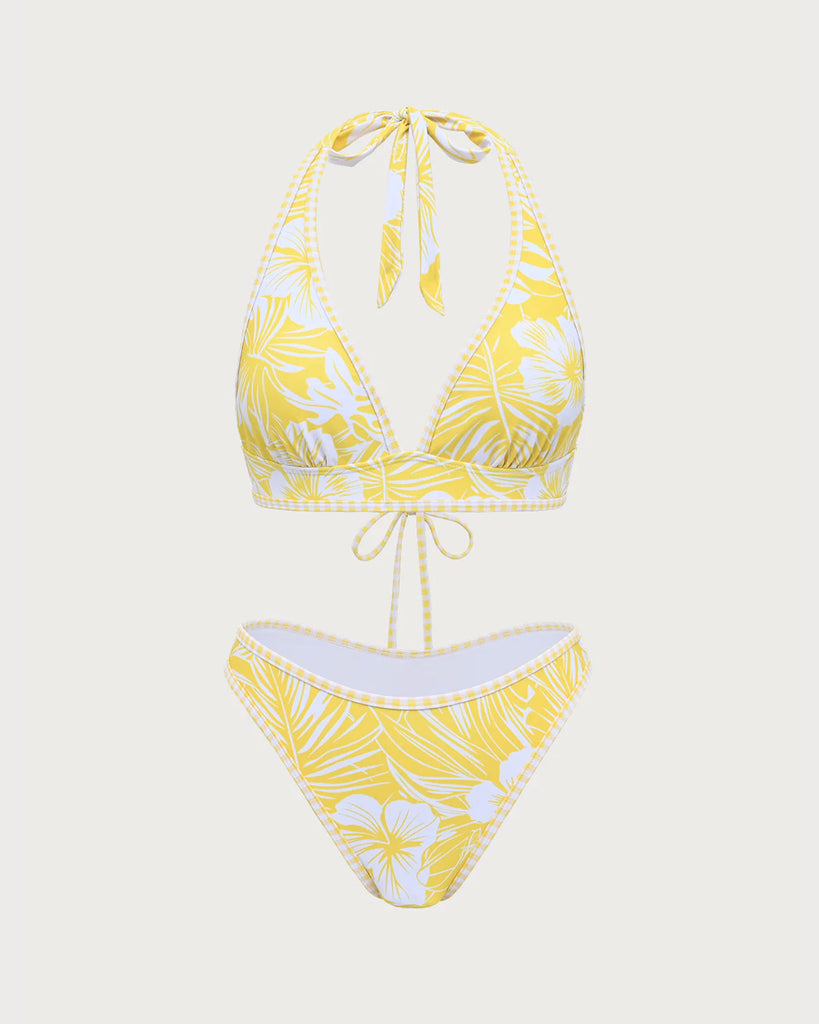 Yellow Knit Tropical Print Bikini Set