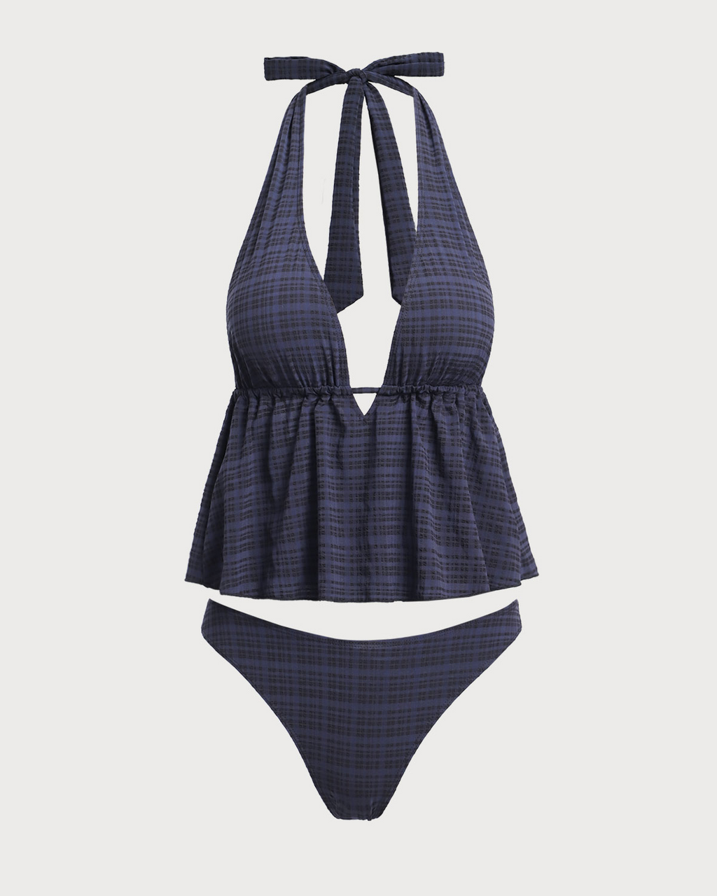 Black Deep V Neck Plaid Tankini Swimsuit