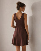 brown-sleeveless-v-neck-satin-mini-dress