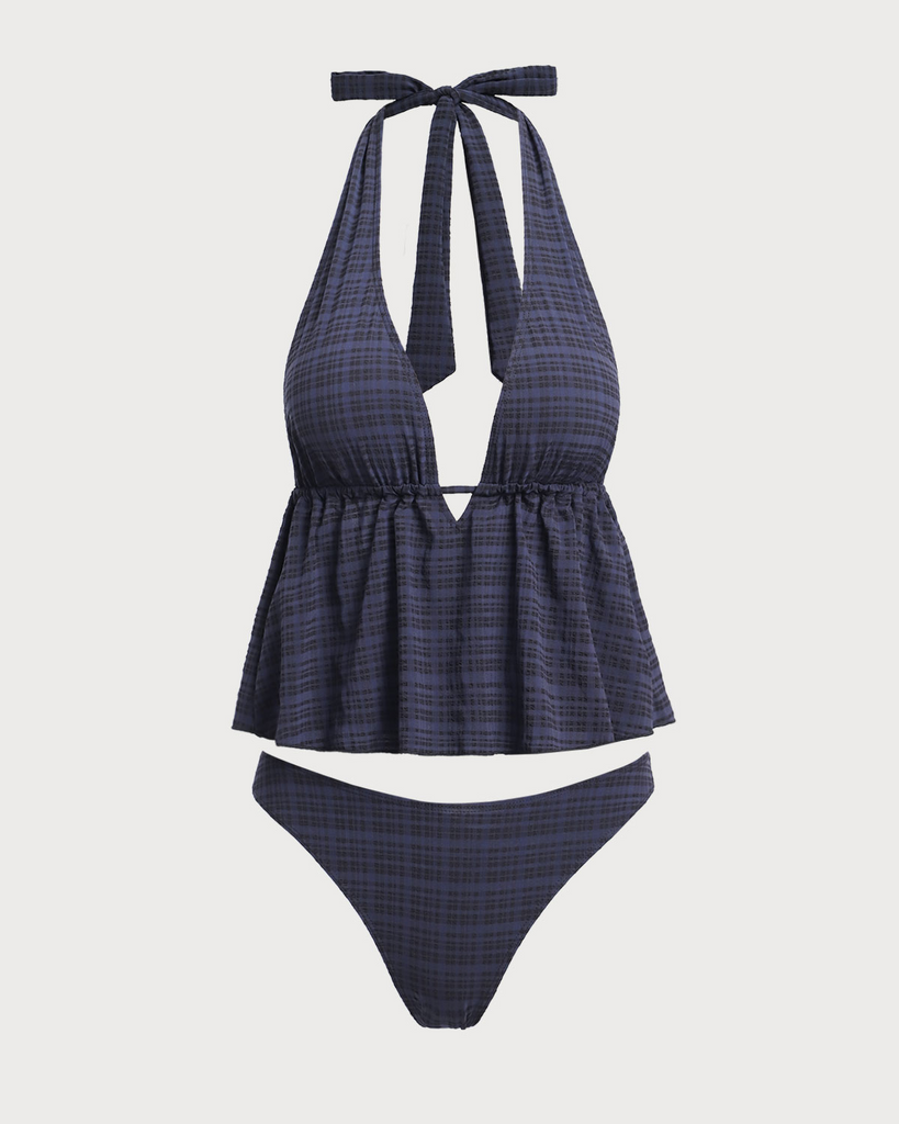 Black Deep V Neck Plaid Tankini Swimsuit