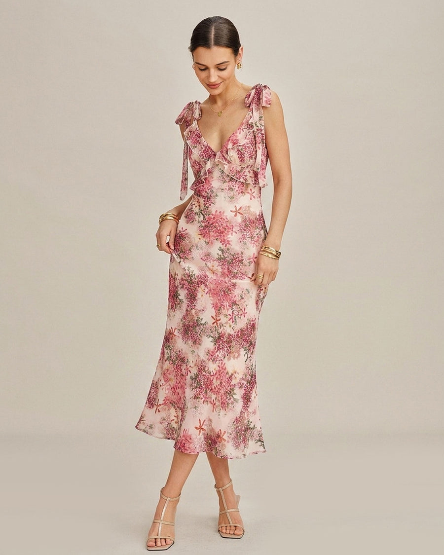 Pink floral ruffle tie strap midi dress for resort dinner outfits