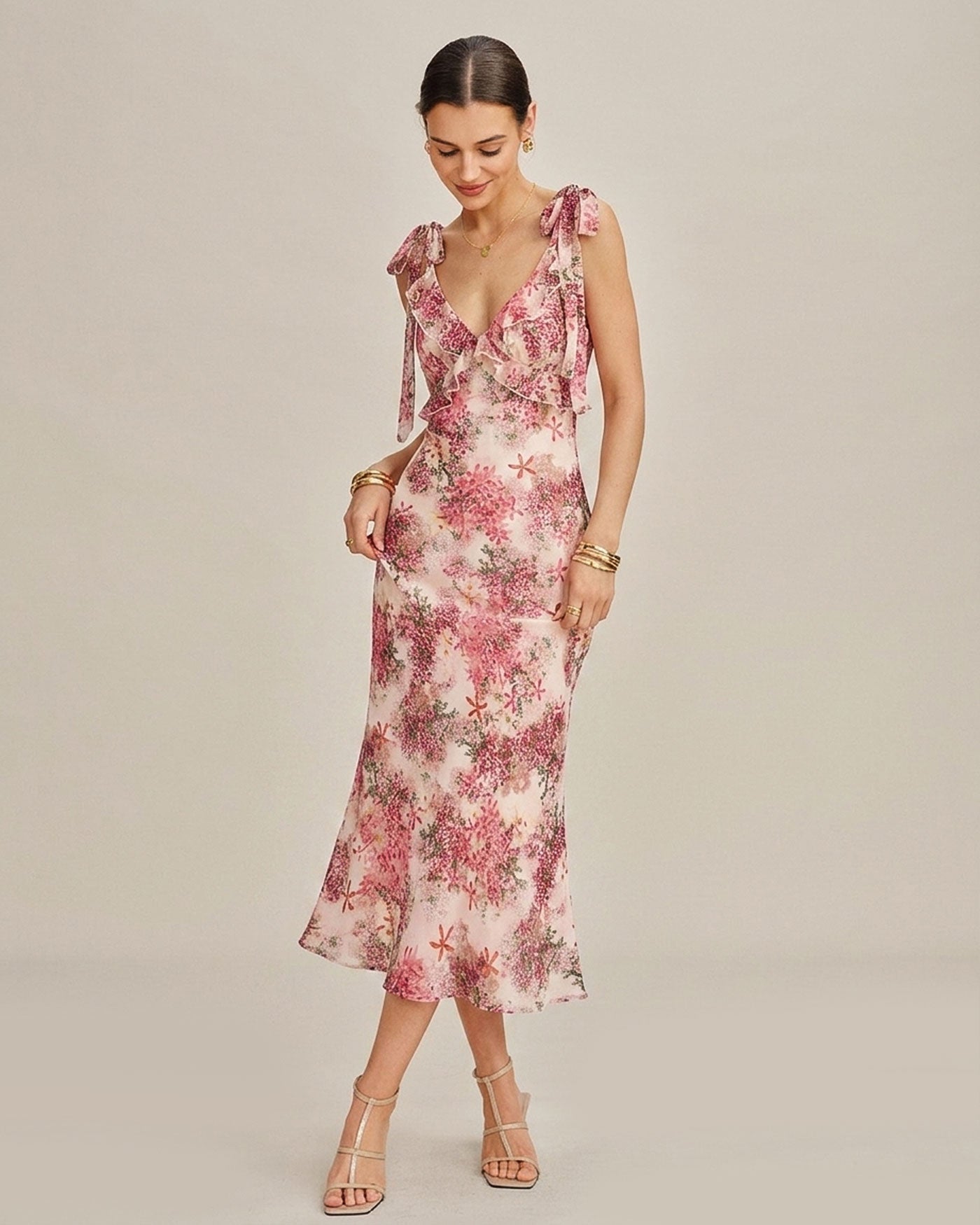 Pink Floral Ruffle Tie Strap Midi Dress & Reviews - Pink - Dresses