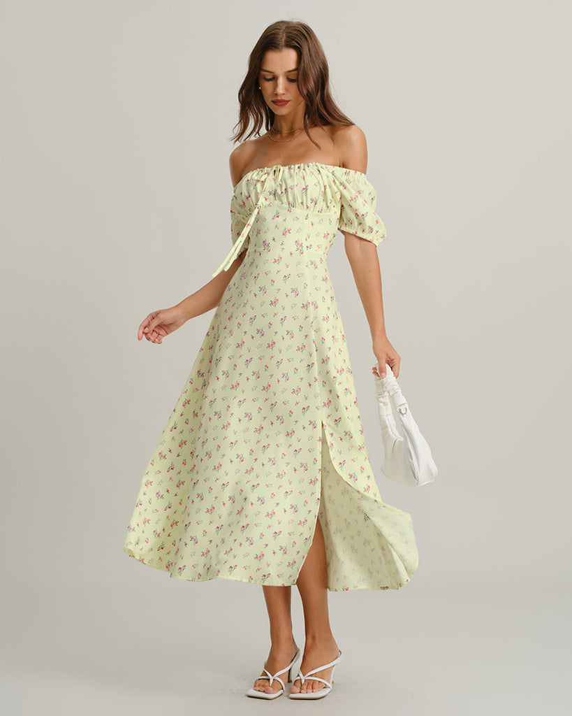 Yellow Floral Square Neck Puffed Sleeve Midi Dress