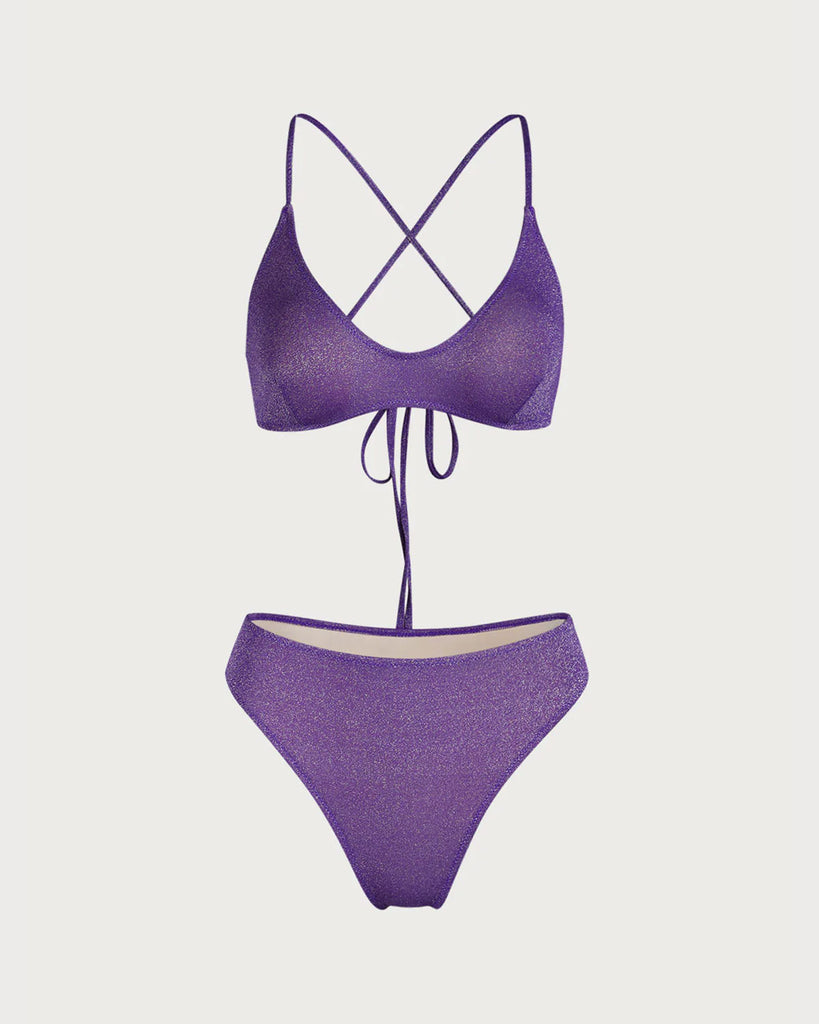 Purple Cross Back Lurex Bikini Set