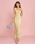 yellow-floral-ruched-ruffle-midi-dress