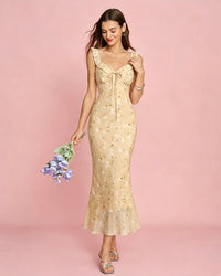 yellow-floral-ruched-ruffle-midi-dress