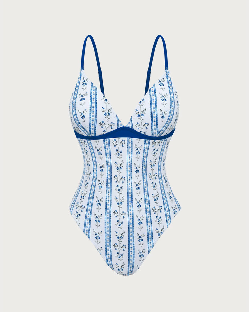 Light Blue Knit Contrast Elegant Printed One-Piece Swimsuit