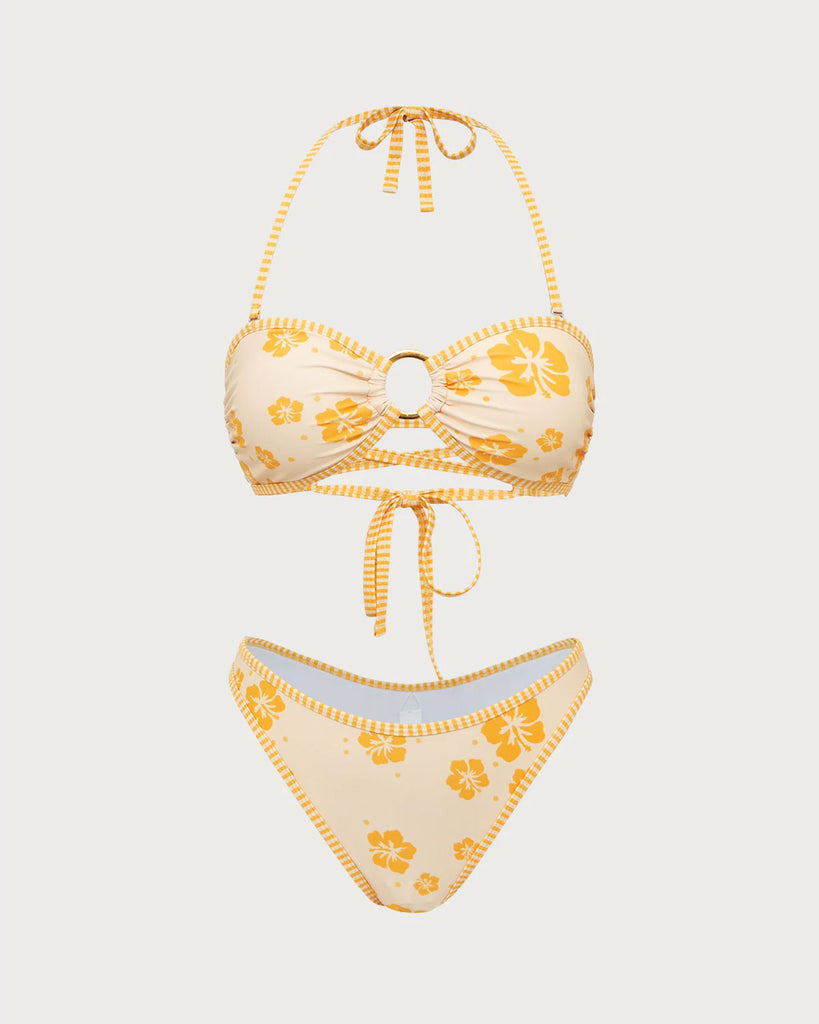 Yellow Floral Contrast Hoop Bikini Set