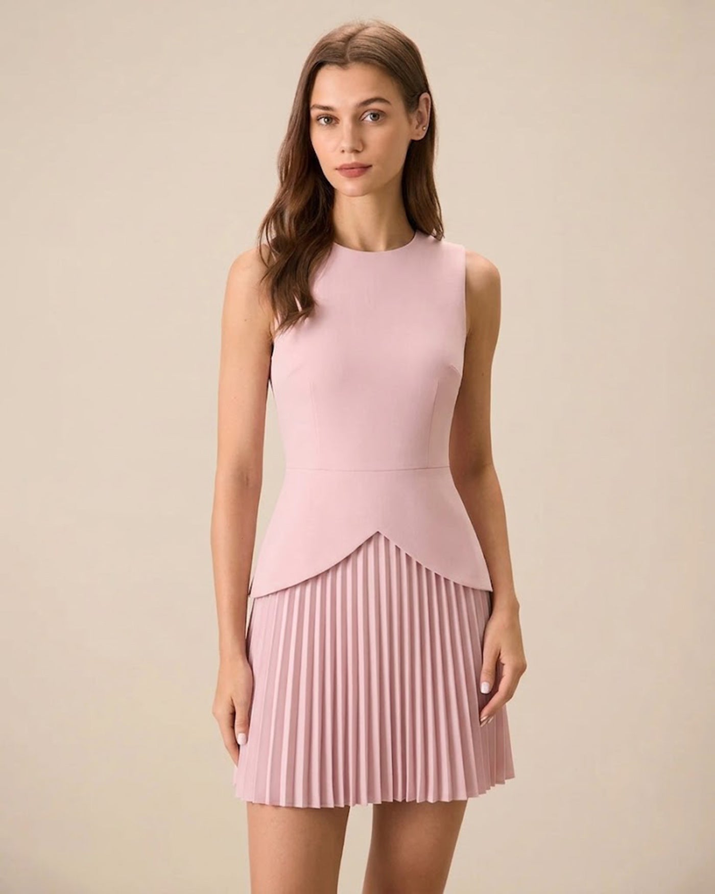 pink skater mini dress Rihoas Textured Round Neck Skater Mini Dress