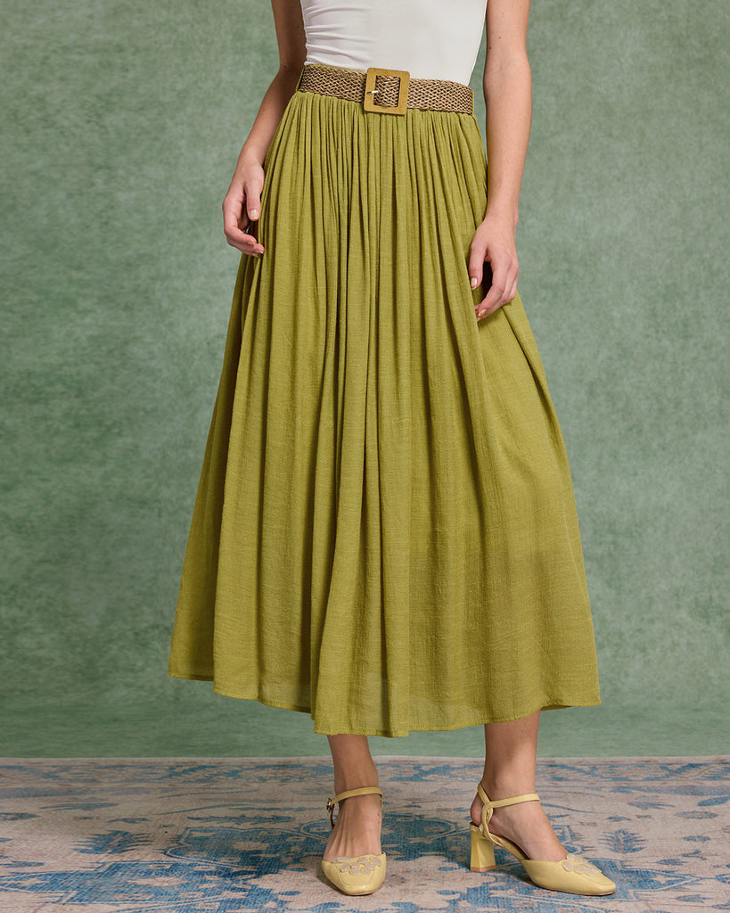 Green Belt Flowy Midi Skirt