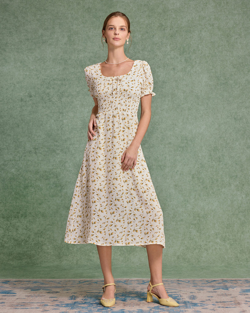 Yellow Floral Square Neck Shirred Midi Dress