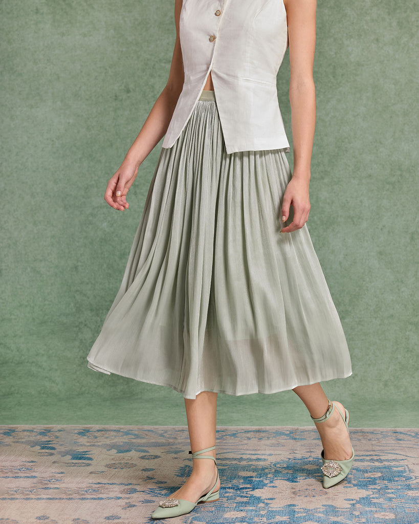 Green Ruched Flowy Pleated Midi Skirt
