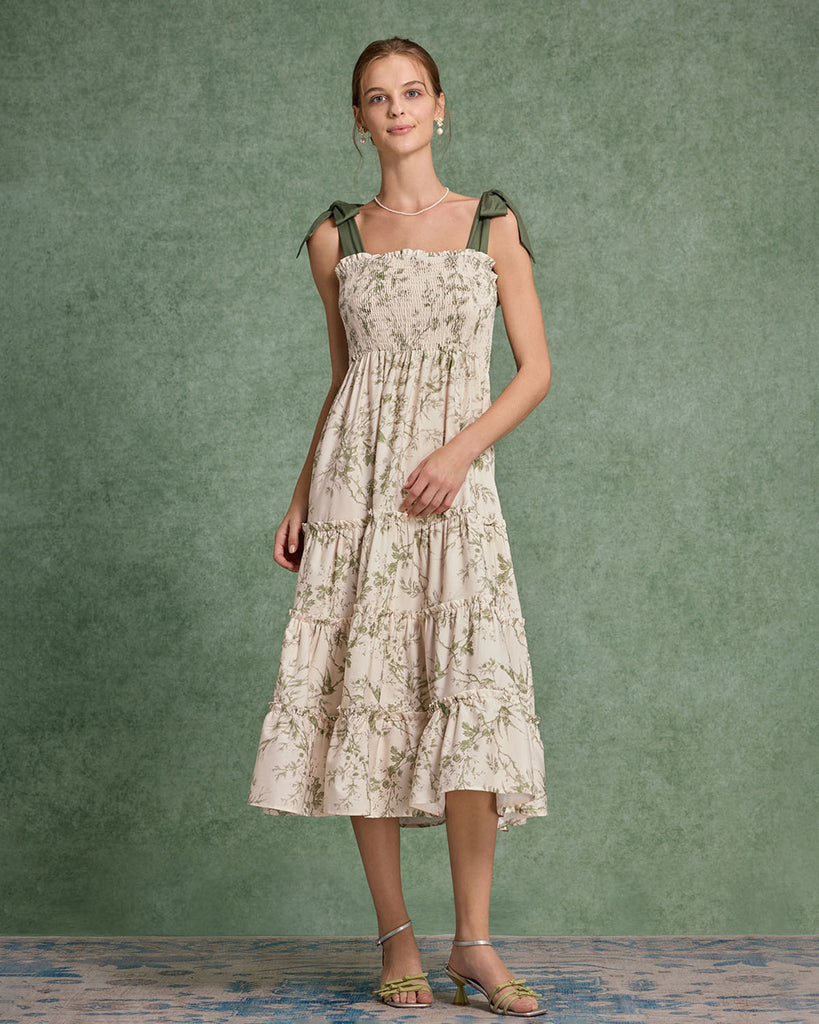 Green Floral Tie Strap Midi Dress