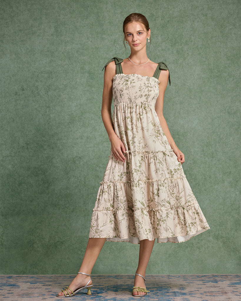 Green Floral Tie Strap Midi Dress