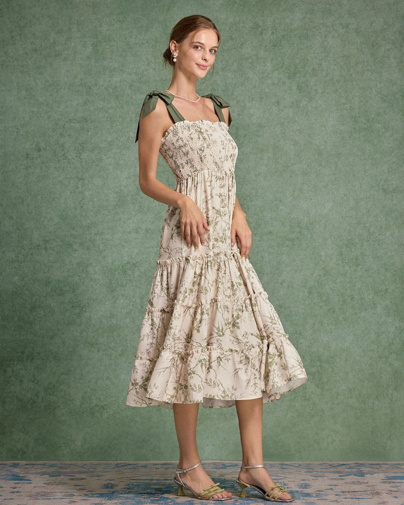 Green Floral Tie Strap Midi Dress
